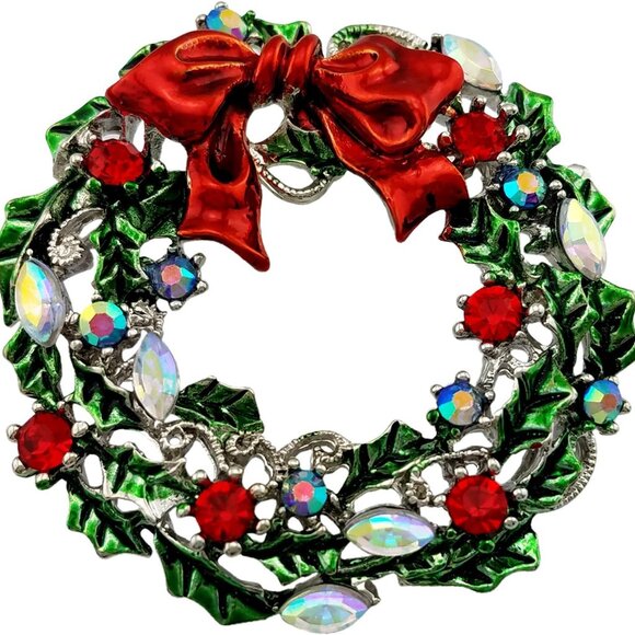 Other - Silver Tone Wreath Green Red Austrian Crystal Round Brooch Pin